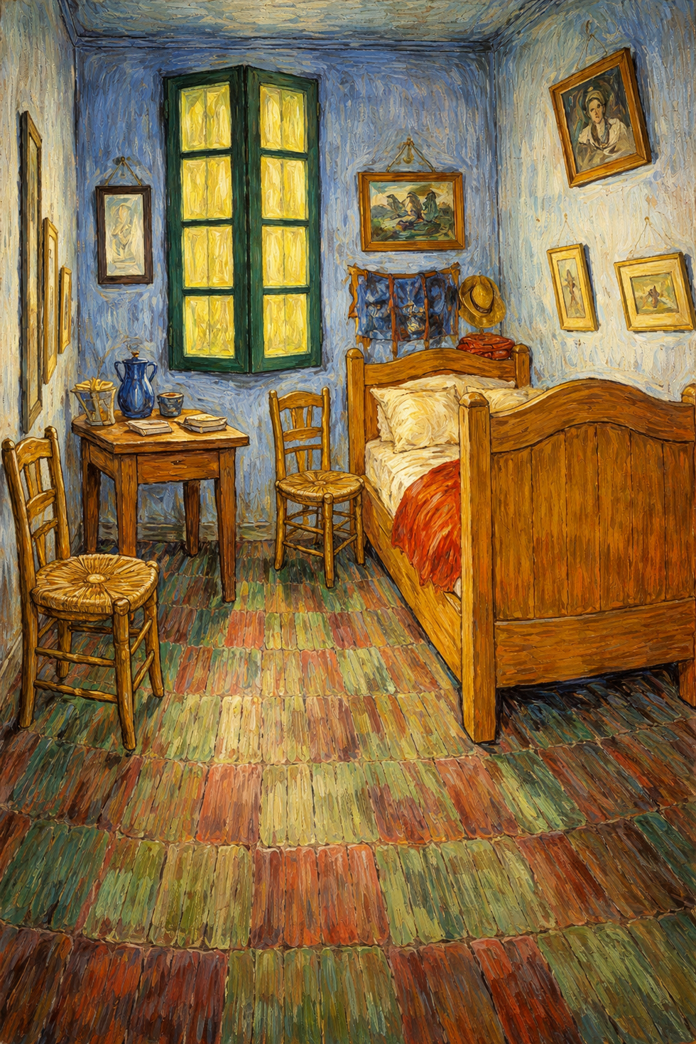 A bedroom with a checkered floor and a window.