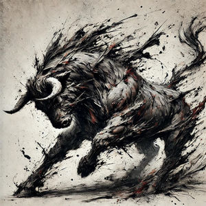 Black and white charcoal drawing of a dynmic bull.