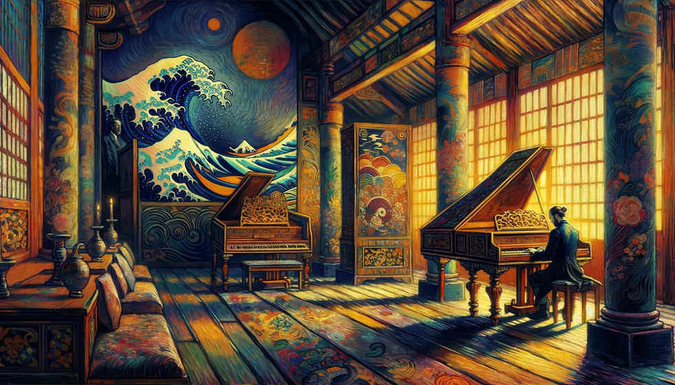 A man plays a harpsichord in sunlit room.