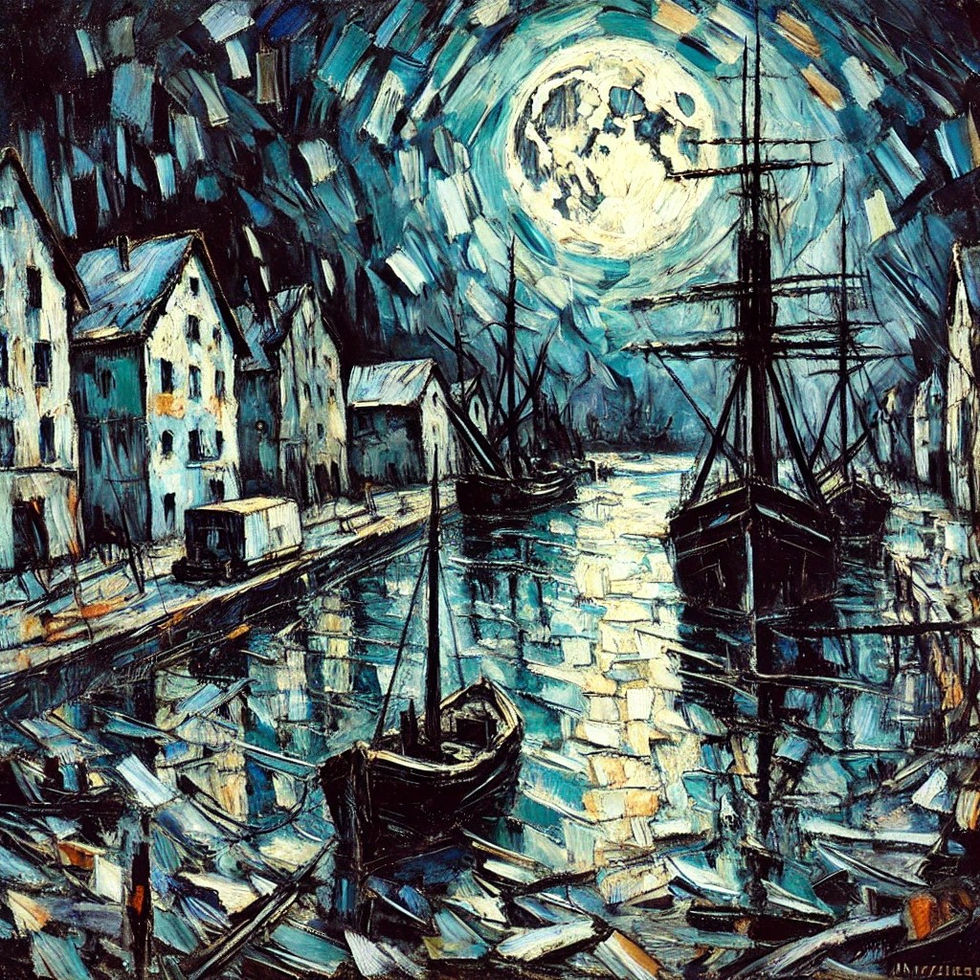 Expressive painting of ships in a harbor at night.