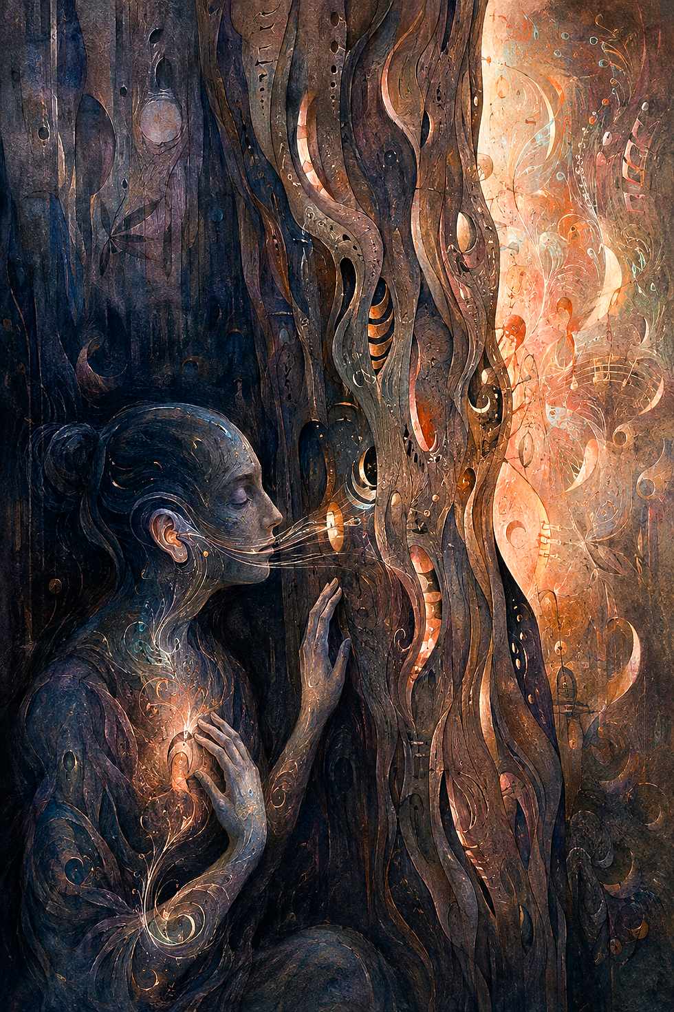 Dreamy abstract woman with closed eyes and glowing chest in a dark, separated from the light and swirling organic shapes.