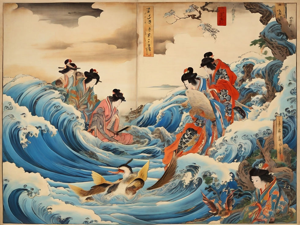 Colorful woodblock print of waves, geisha, and ducks.