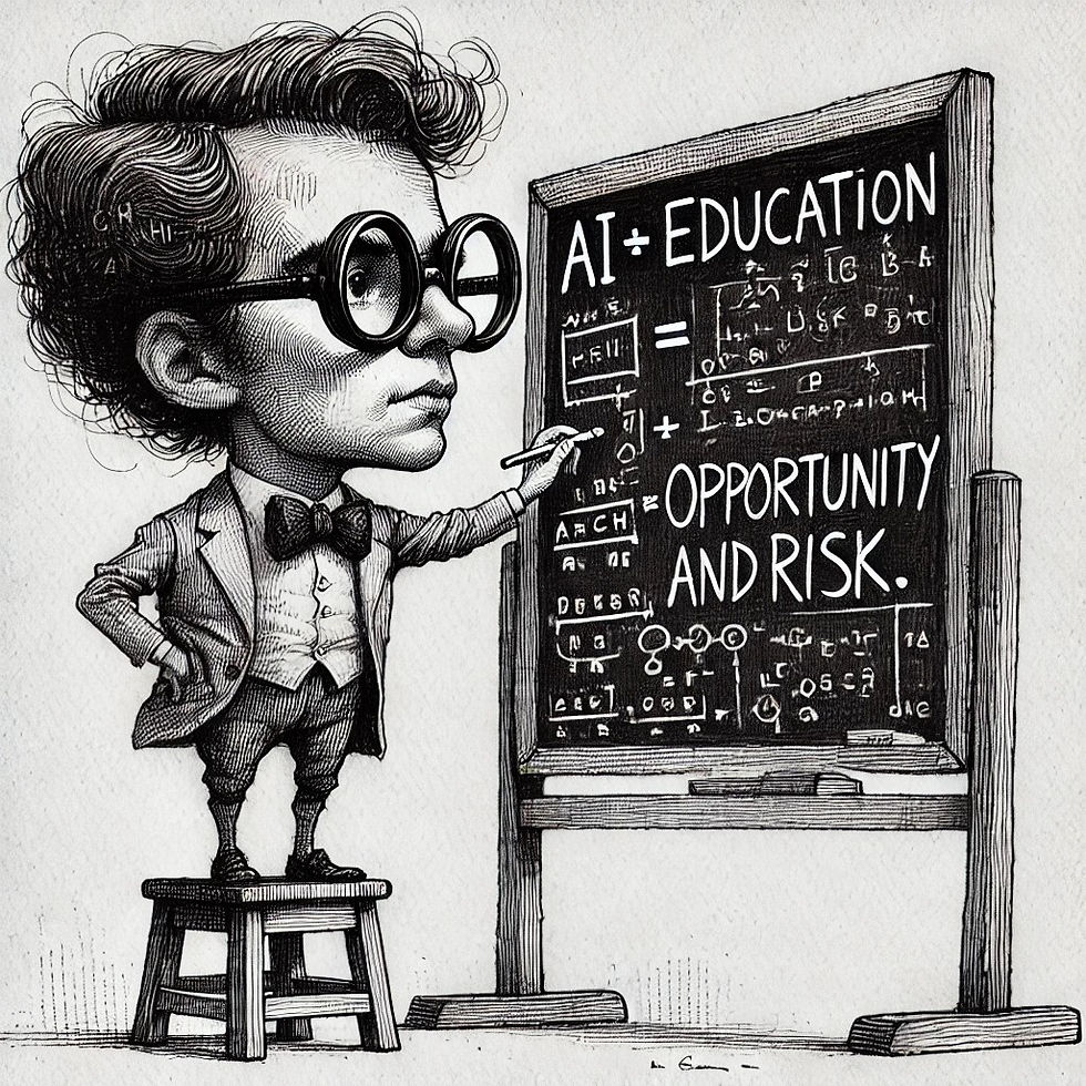 A professor writes a complex equation on a chalkboard involving AI plus Education equals Opportunity and Risk.