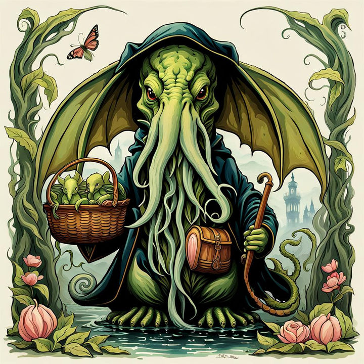 An adorable Cthulhu holds a basket with baby Cthulhu's.