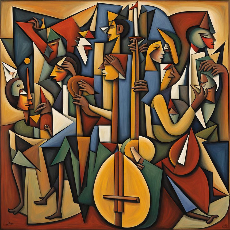 Abstract painting with cubist figures playing instruments. Bold geometrics and earthy tones, conveying an energetic, rhythmic atmosphere.