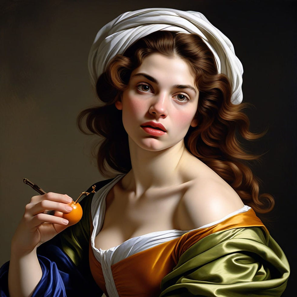 Woman with wavy hair and a white headscarf holds an orange fruit. She wears a colorful gown and looks pensively at the viewer against a dark background.