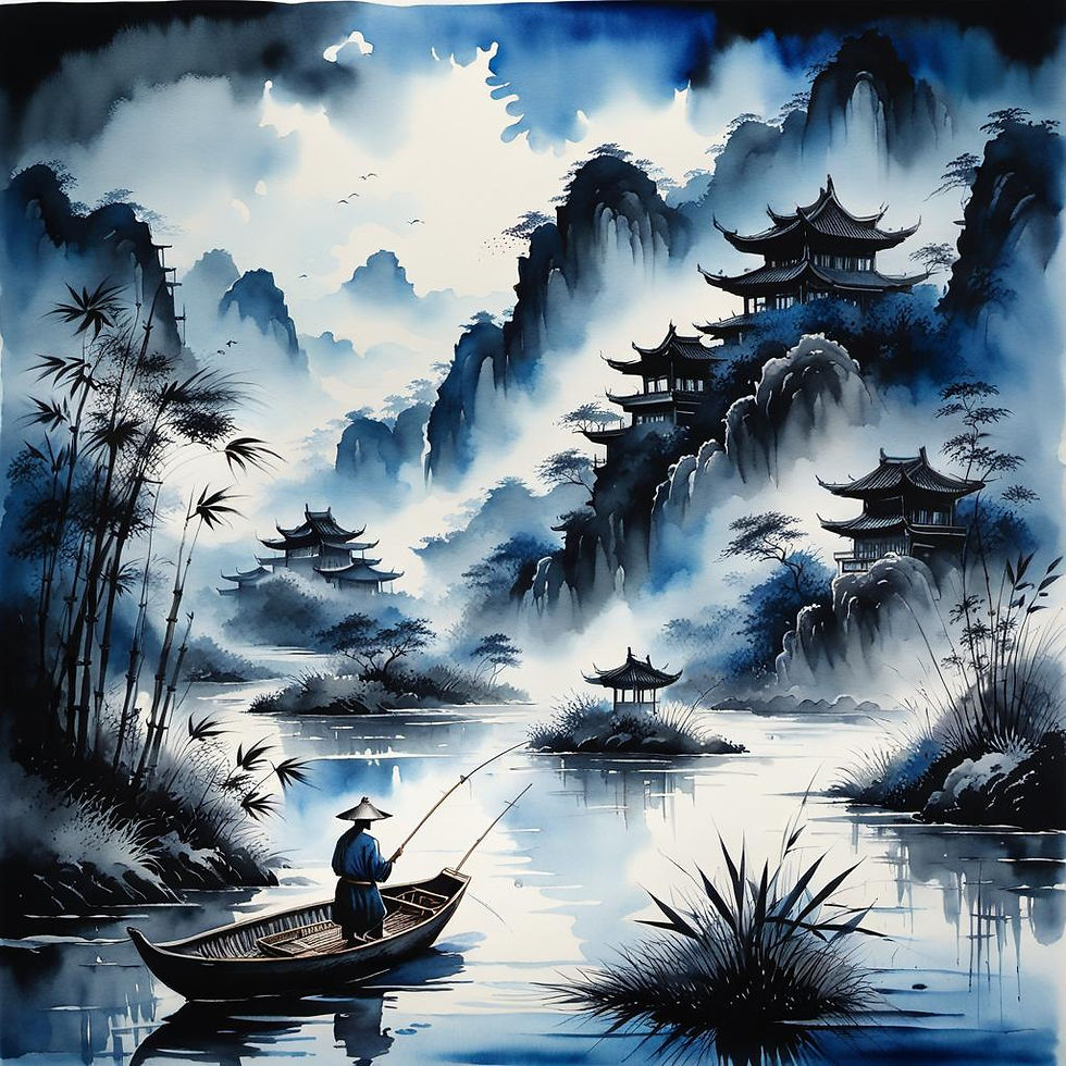 Illustration of a man fishing at night with mountains in the background, blue wash.
