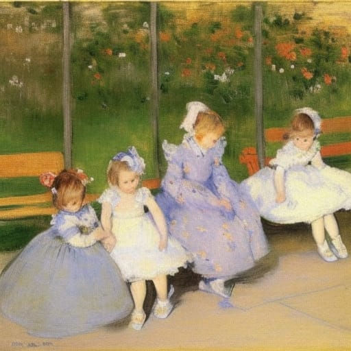 Four young girls in white dresses sit on a bench in a garden. The scene is serene and colorful, with green foliage and vibrant flowers.