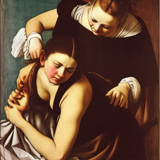 Two women in a dramatic scene; one bends forward, the other grips her hair. The background is dark, conveying a tense mood.