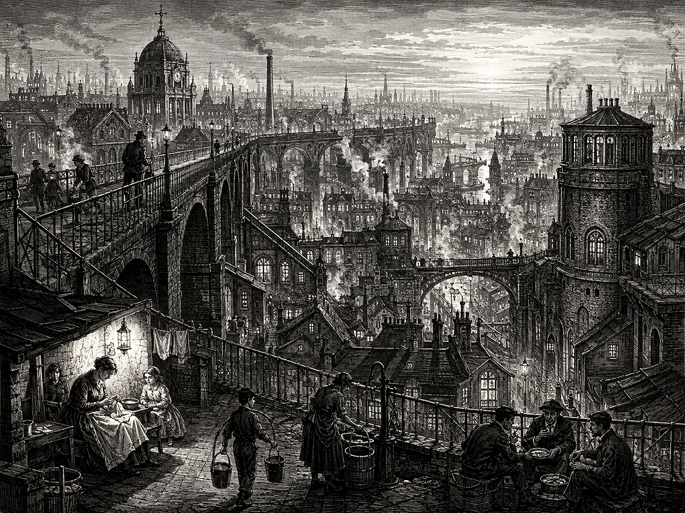 Victorian city skyline with smoky factories, bridges, and crowded rooftops; workers and families eat and carry water.