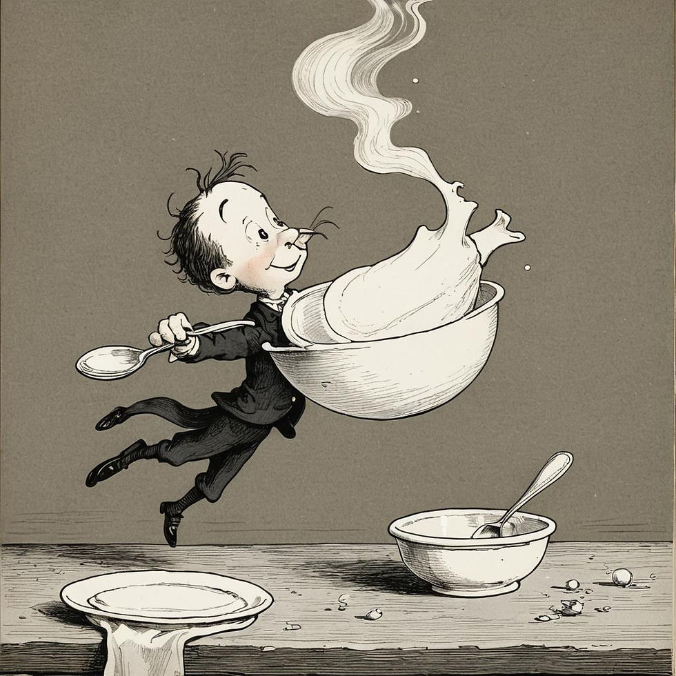 Illustration of a well-dressed boy with an impossibly large bowl and spoon.