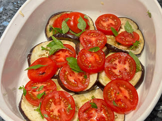 Garden Bounty of eggplant, tomato, and basil leads to Farmer's Market Mania Gratin