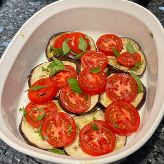 Garden Bounty of eggplant, tomato, and basil leads to Farmer's Market Mania Gratin