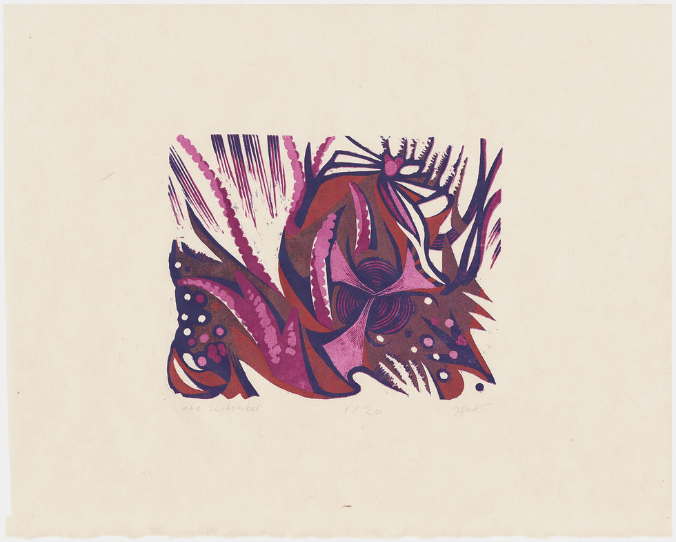 block printed abstract purple and earth tone floral art