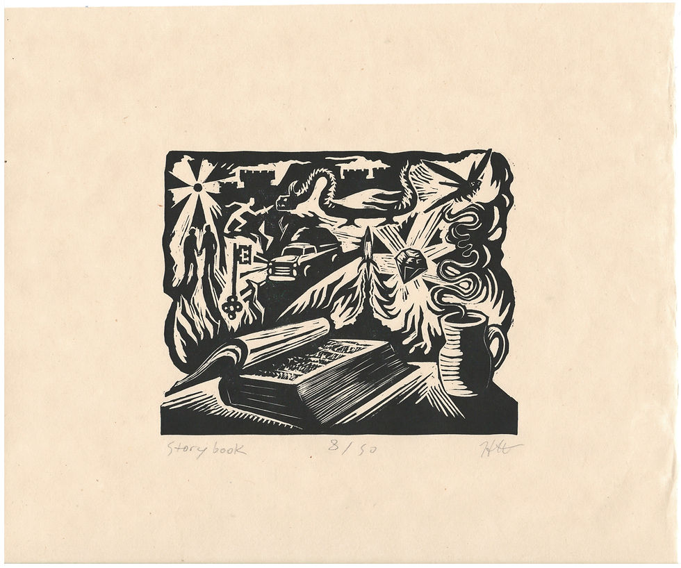 Thumbnail: engraving illustration of a cup of coffee beside an open book with sci-fi fantasy elements such as skeleton keys and love