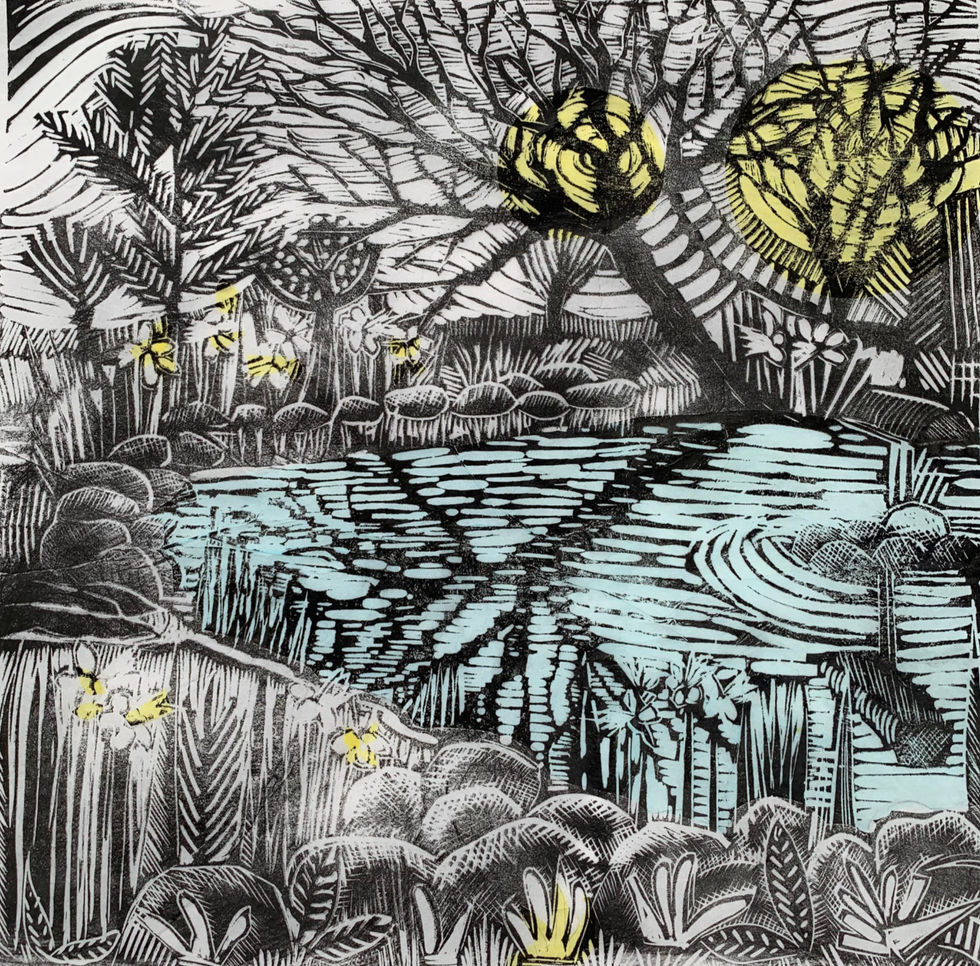 Willem's Pond.  Linocut with chine colle. 30 x 30 cm