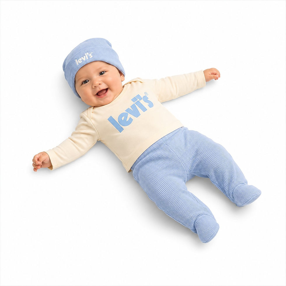 conjunto 3 peças camiseta manga longa calça e touca azul para bebê levis