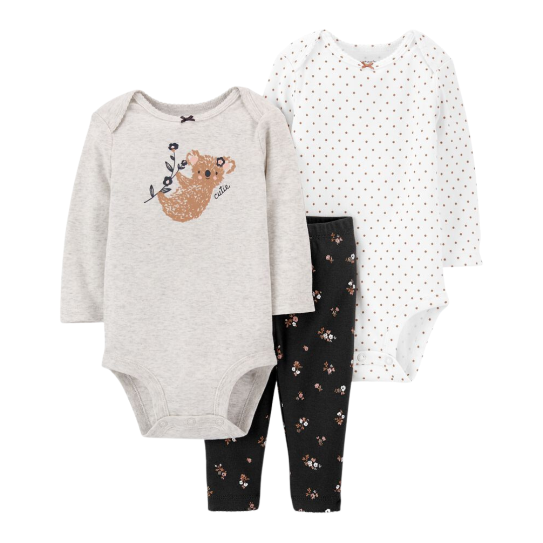 Conjunto 3 peças body manga longa e calça coala multicor Carter’s para bebê – Baby Gaia