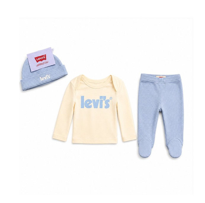 conjunto 3 peças camiseta manga longa calça e touca azul para bebê levis