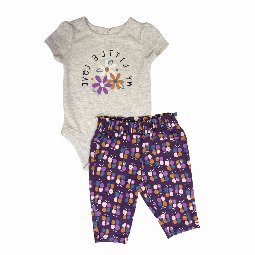 Conjunto Carter’s com body “Little Love” roxinho e calça combinando, delicado e macio para bebê – Baby Gaia