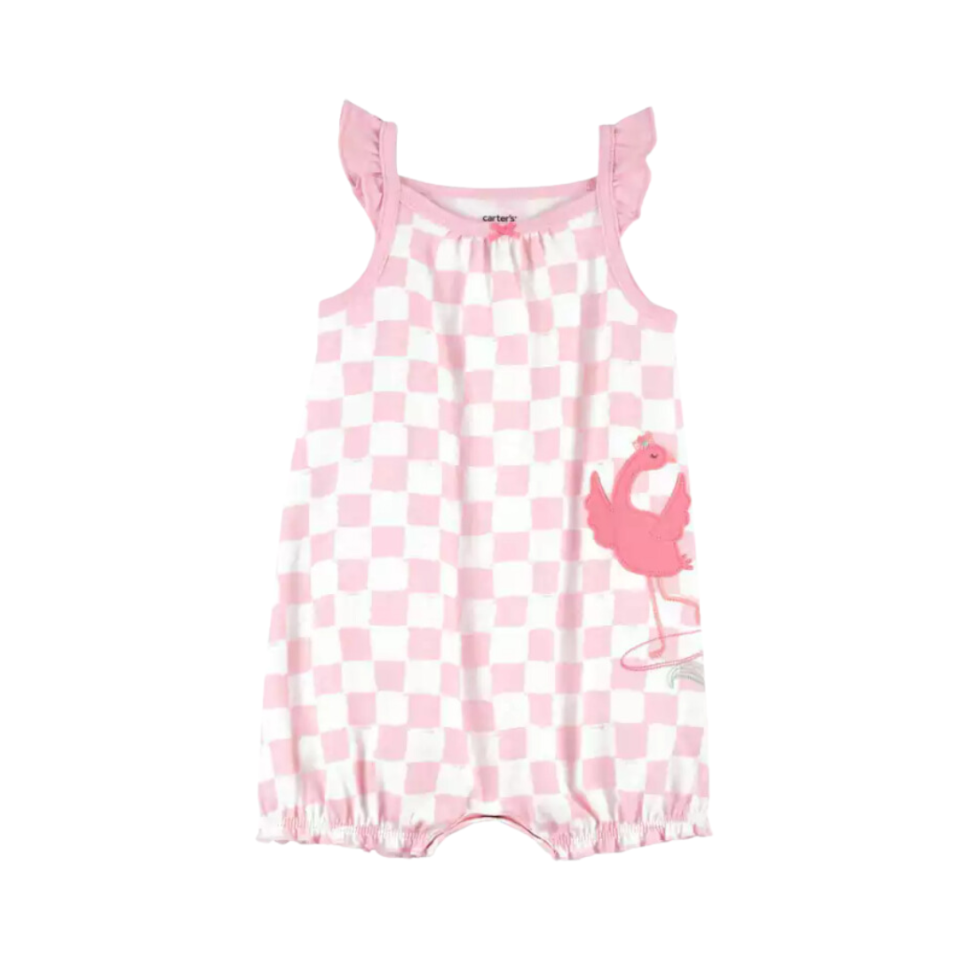 Macaquinho romper Carter’s rosa com estampa de flamingo, leve e divertido para bebê nos dias de calor – Baby Gaia