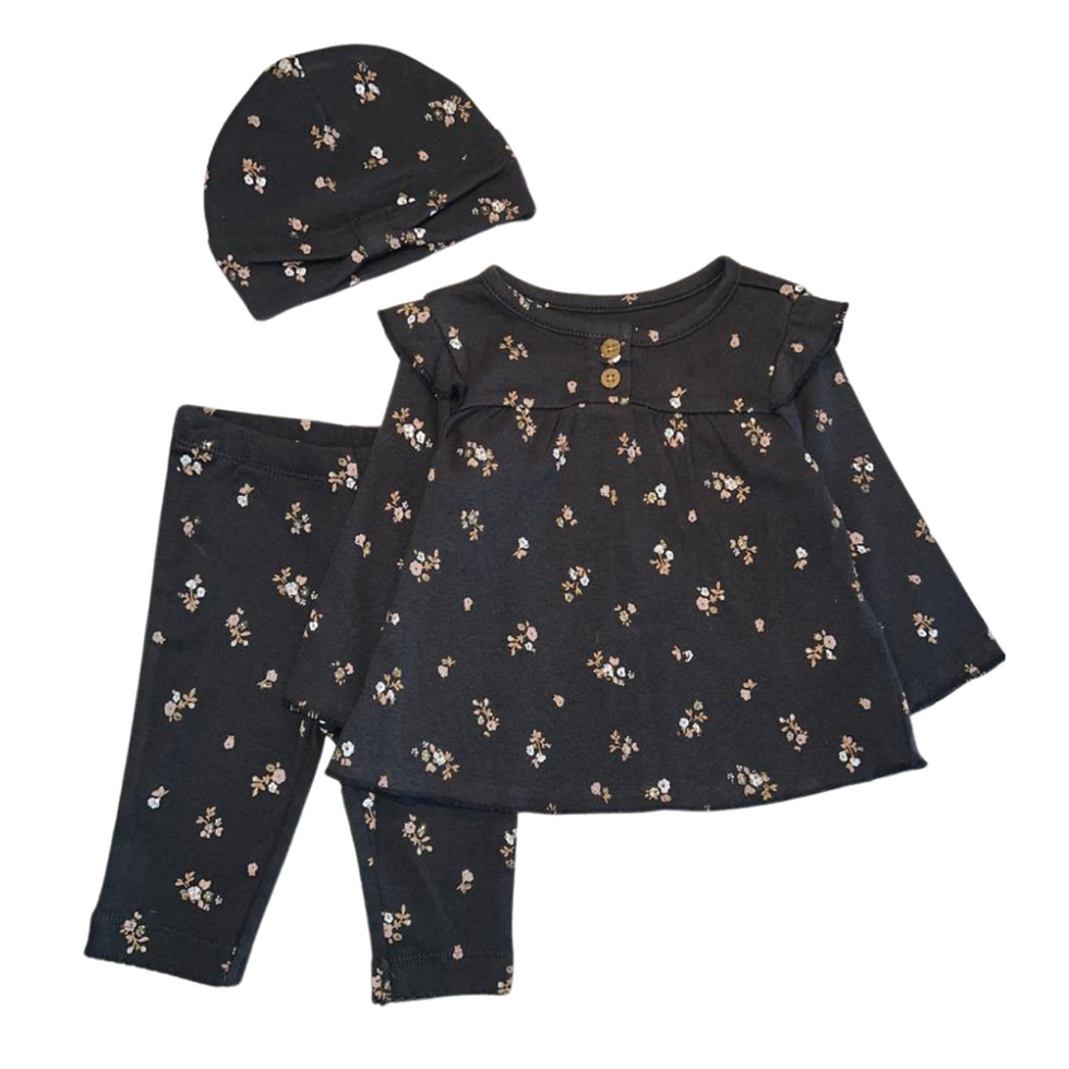 Conjunto Carter’s com camiseta manga longa, calça e touca preto florido para bebê – Baby Gaia