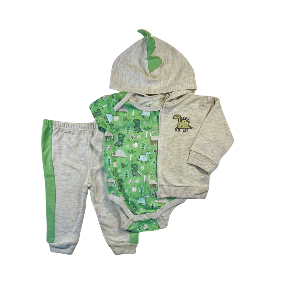 Conjunto Mini Bean com body, calça e casaco de moletom cinza com capuz e estampa de dino para bebê – Baby Gaia