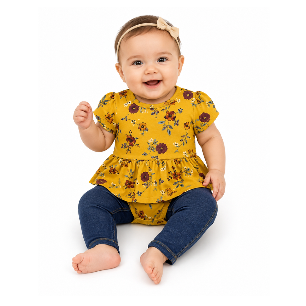 Bebê de 6 meses usando Conjunto Body Floral e Calça Jeans Carter's