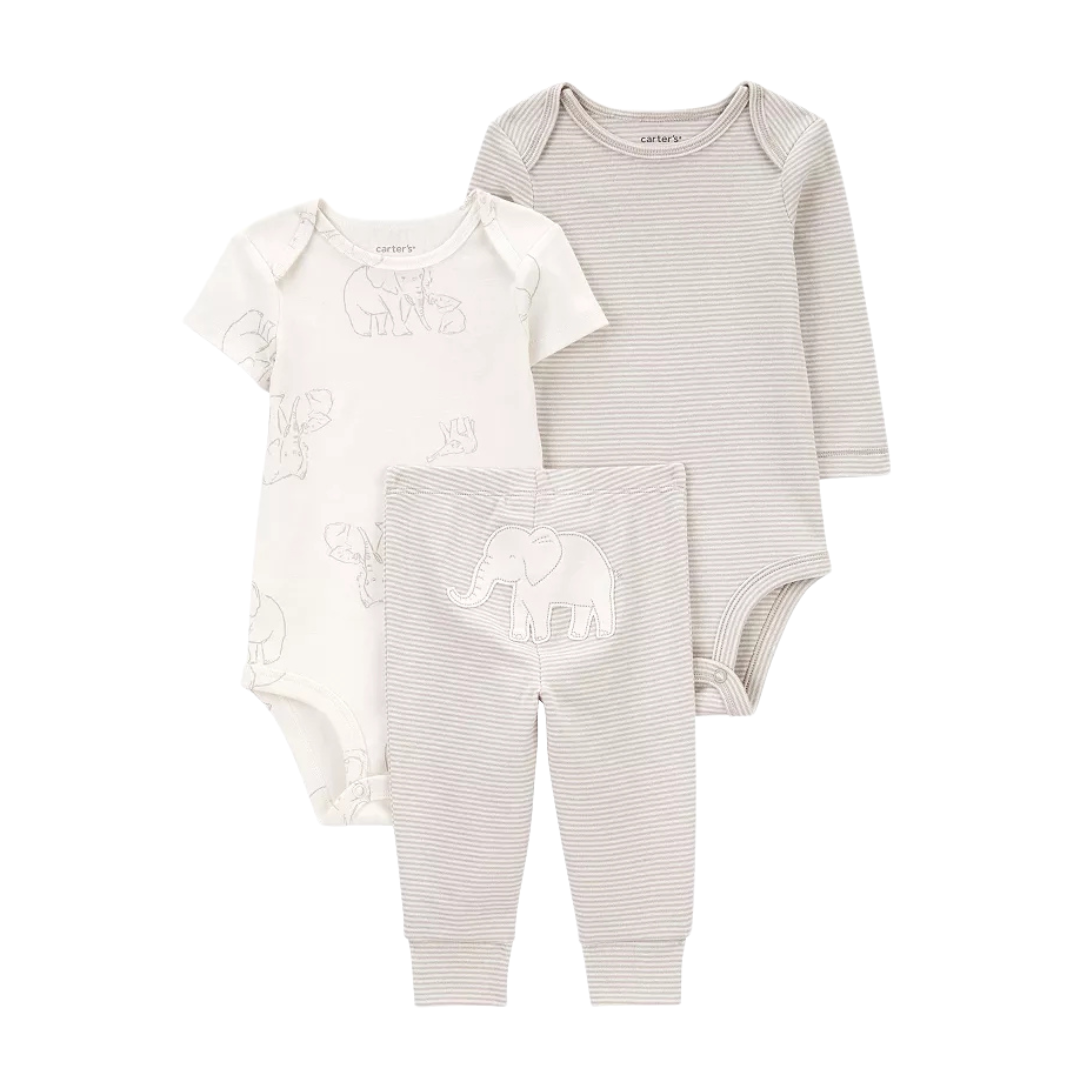 Conjunto 3 peças body curto, longo e calça elefante cinza Carter’s – Baby Gaia