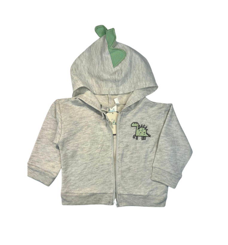 Miniatura: Conjunto Mini Bean com body, calça e casaco de moletom cinza com capuz e estampa de dino para bebê – Baby Gaia