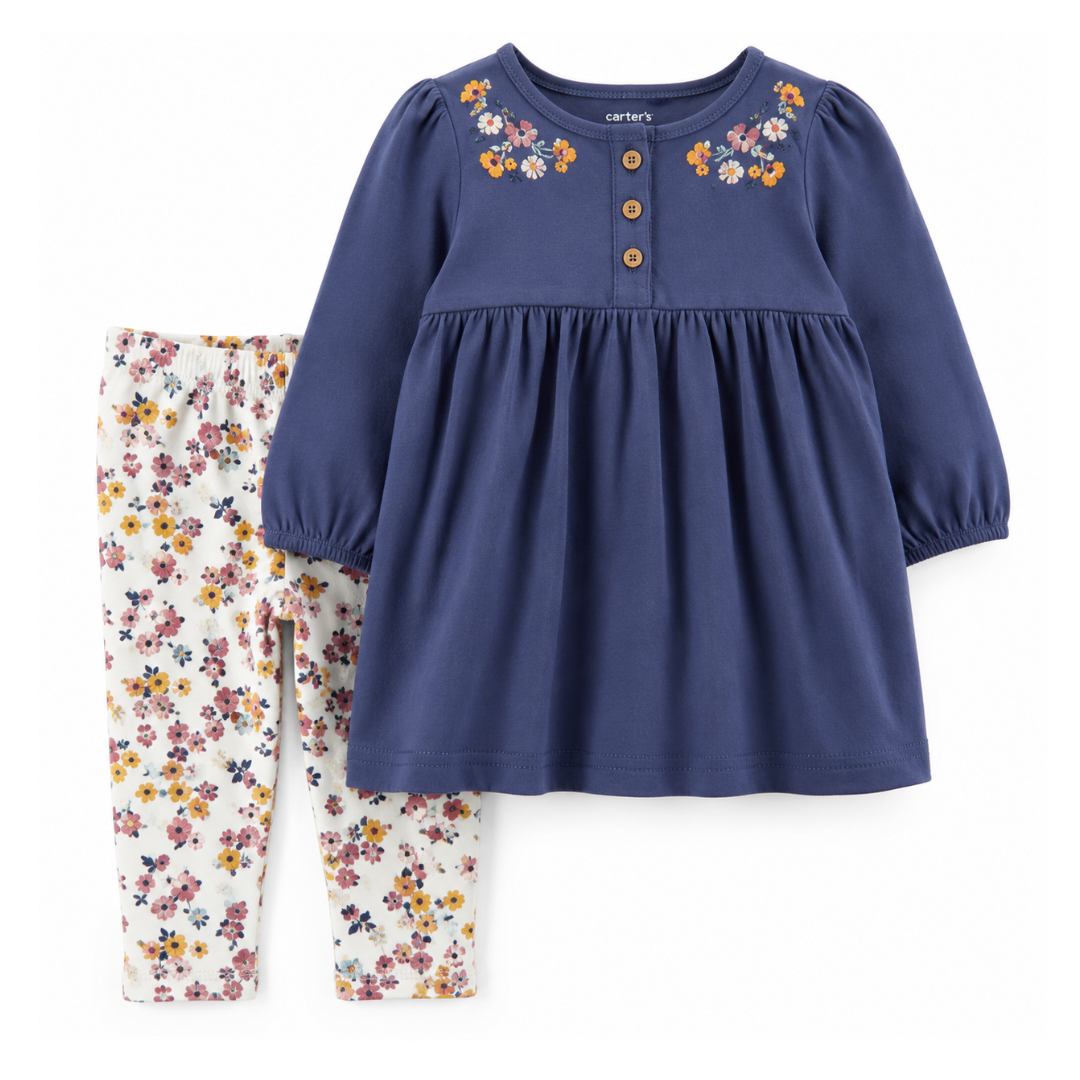 conjunto vestido gode azul e legging floral carters para bebe
