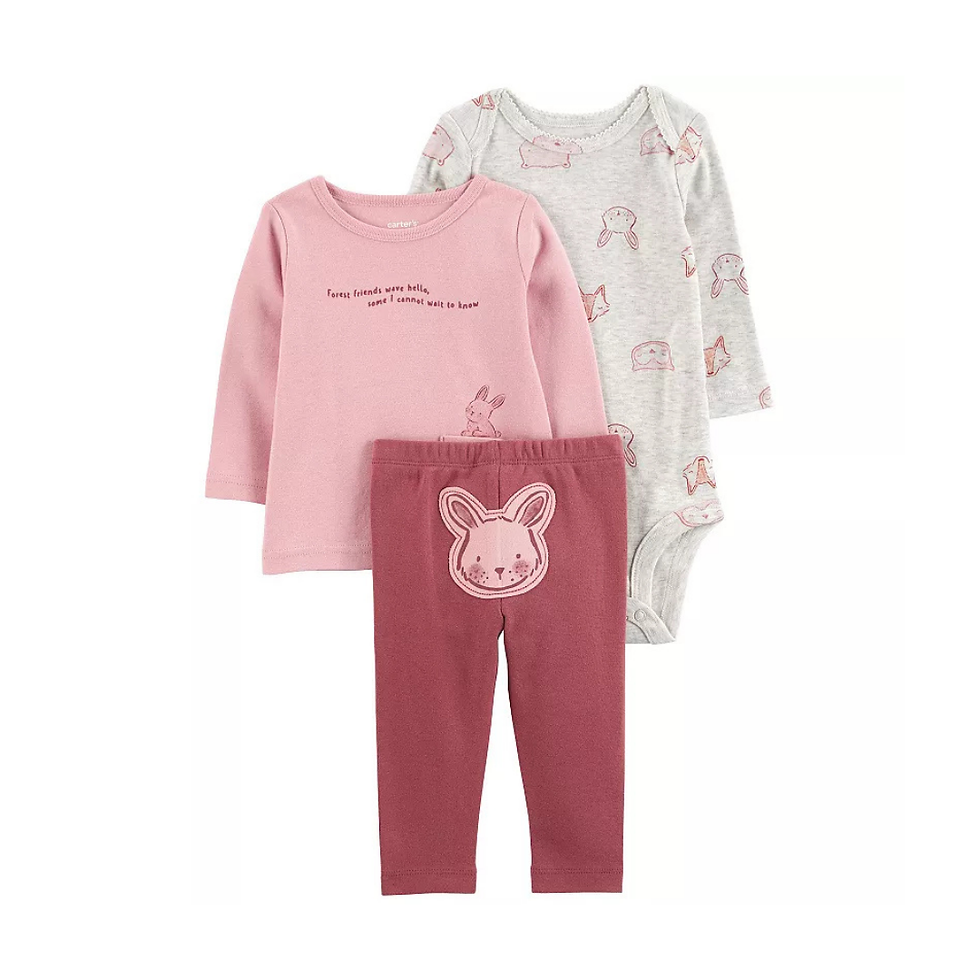 Blusa manga longa, body e calça rosa com coelhinho,  Carter’s para bebê Charmoso – Baby Gaia