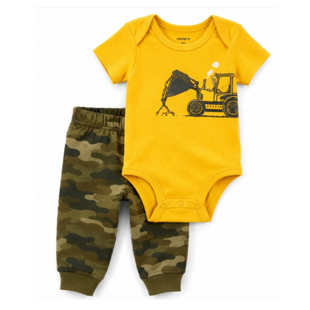 Conjunto Body Trator Amarelo e Calça Camuflada Carter's para Bebê