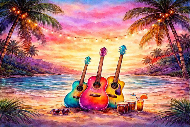 Three colorful guitars on a beach with palm trees and a beautiful sunset.
