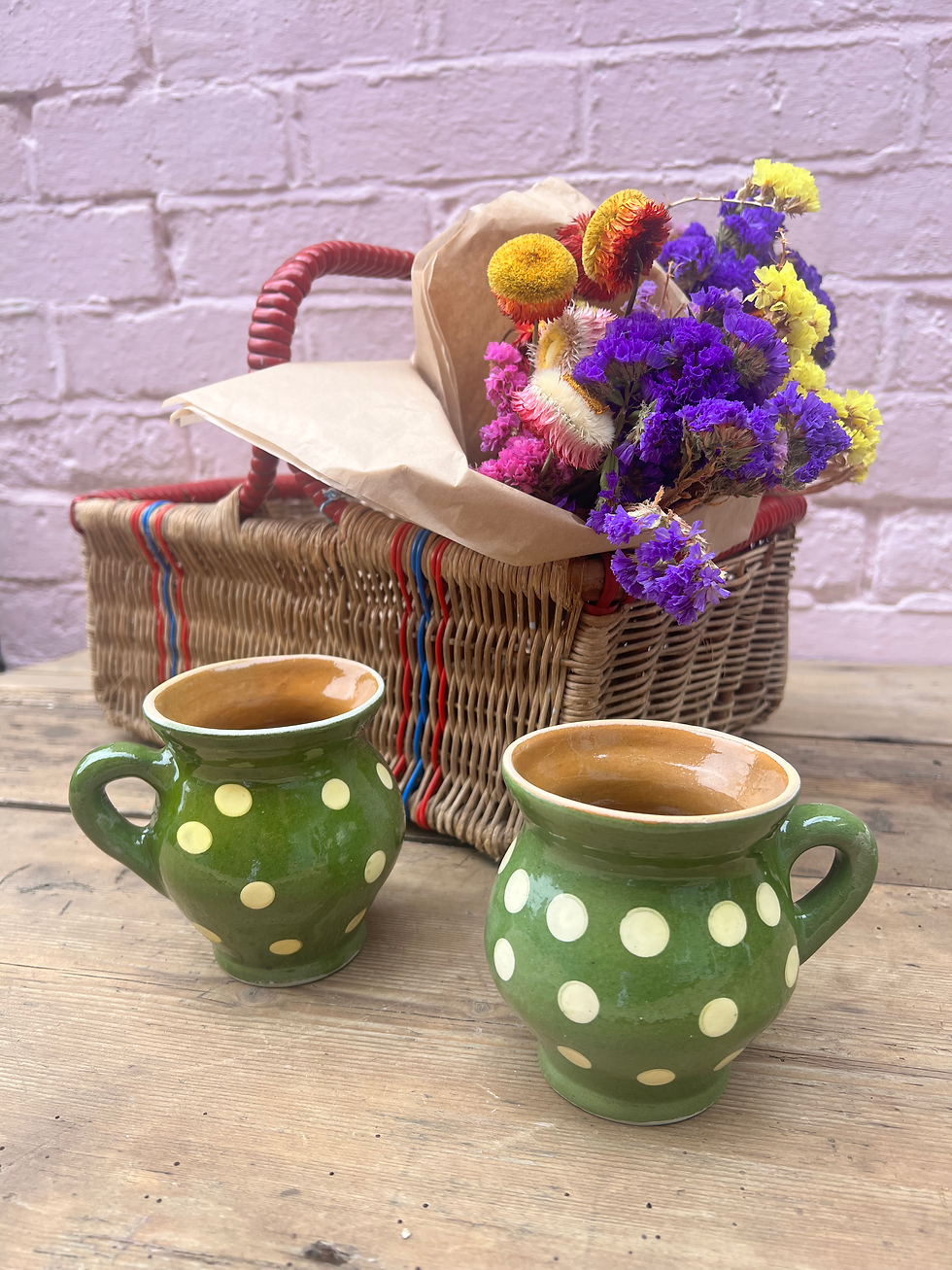 Thumbnail: Handmade Romanian Earthenware Polka Dot Mugs