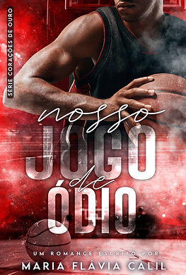 Capa do livro Nosso Jogo de Ódio, de tons vermelhos, com a metade superior do corpo de um jogador negro de basquete com a bola na mão