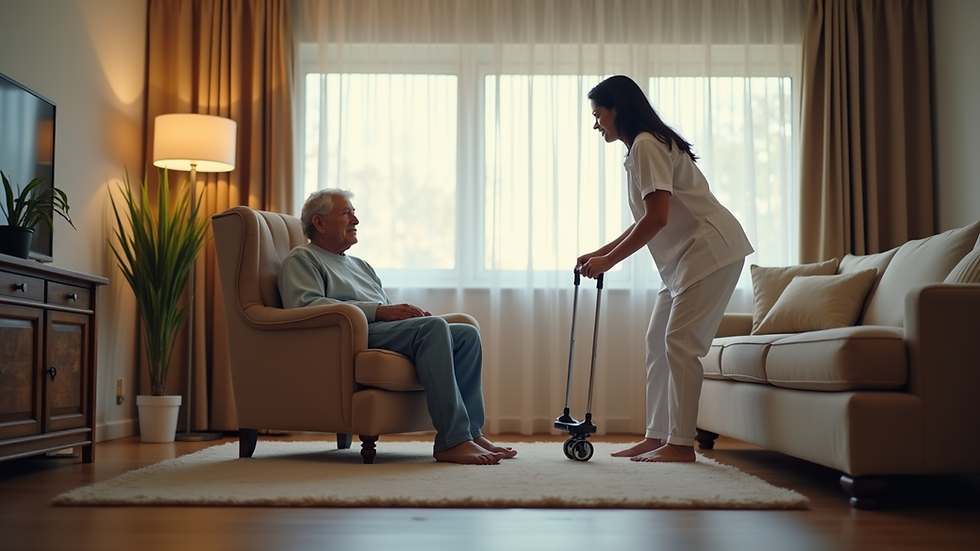 Eye-level view of a cozy living room with a caregiver setting up a comfortable chair
