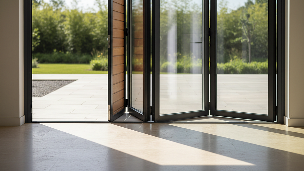 Eye-level view of a modern bifold door with sunlight streaming through