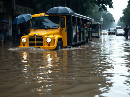 A wide, low-angle shot of a classic Kolkata street. The road is completely submerged in knee-deep, muddy water, reflecting the overcast sky. In the foreground, a yellow Ambassador taxi or a crowded city bus is partially submerged, its headlights creating a ghostly glow. People are seen wading through the water, with one or two individuals holding umbrellas that are almost useless against the downpour. The image should convey a sense of resignation and the disruption of daily life.