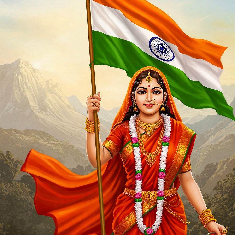 ভারত মায়ের প্রতীকী চিত্র, হাতে জাতীয় পতাকা ধরে দেশপ্রেমের প্রতীক হিসেবে আবির্ভূত। পটভূমিতে পাহাড়ি প্রাকৃতিক সৌন্দর্য।