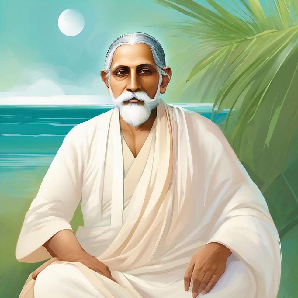 এক বৃদ্ধ মনীষী সমুদ্র তীরবর্তী একটি শান্তিপূর্ণ পরিবেশে বসে আছেন, চারপাশে সবুজ গাছপালা। তাঁর পোশাক সাদা এবং চেহারায় প্রদর্শিত হয়েছে শান্তি ও প্রজ্ঞা।