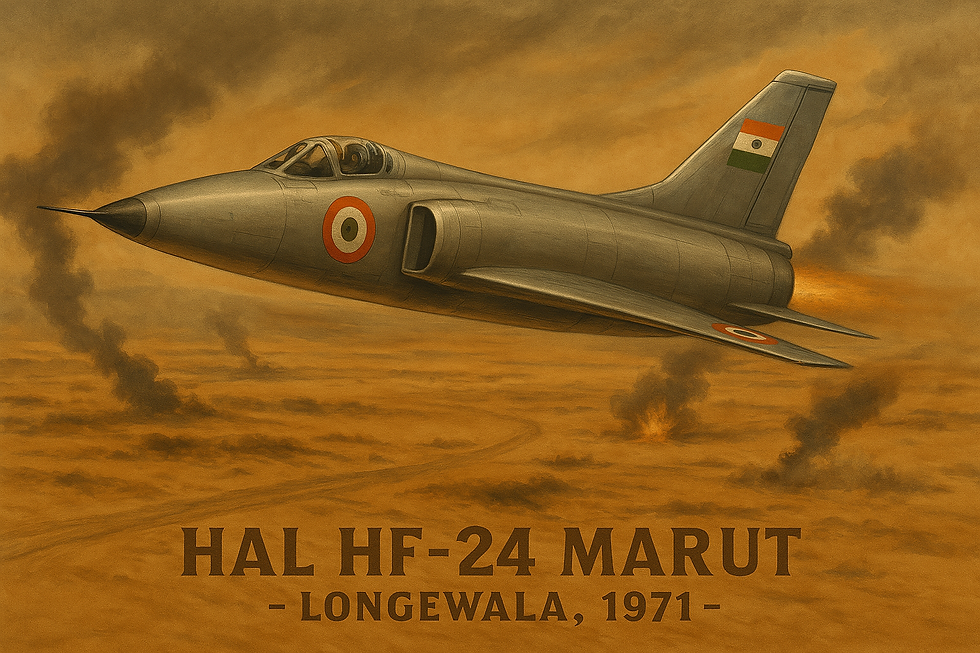 ভারতীয় যুদ্ধবিমান HAL HF-24 মারুত একটি সাহসী অভিযানে লঙ্গেয়ালা যুদ্ধক্ষেত্রে, ১৯৭১।