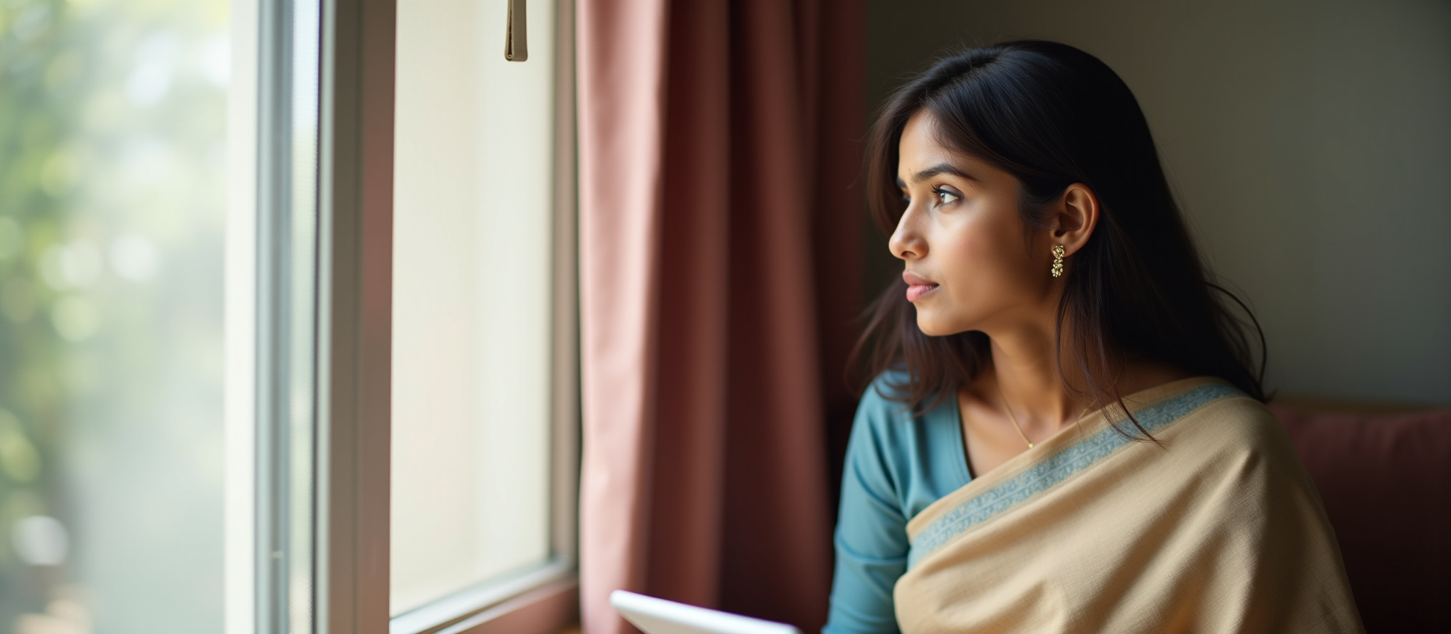 Woman in sari looks thoughtfully out window