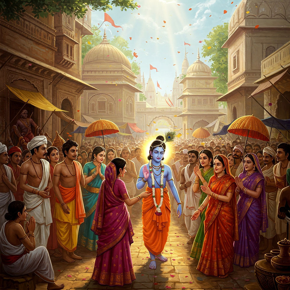 শ্রীকৃষ্ণের মথুরা প্রবেশের প্রাকৃতিমূলক দৃশ্য, যেখানে ভক্তরা ভিড় জমিয়ে সম্ভাষণ করছে এবং পথটি ফুলের পাপড়ির দ্বারা সজ্জিত।