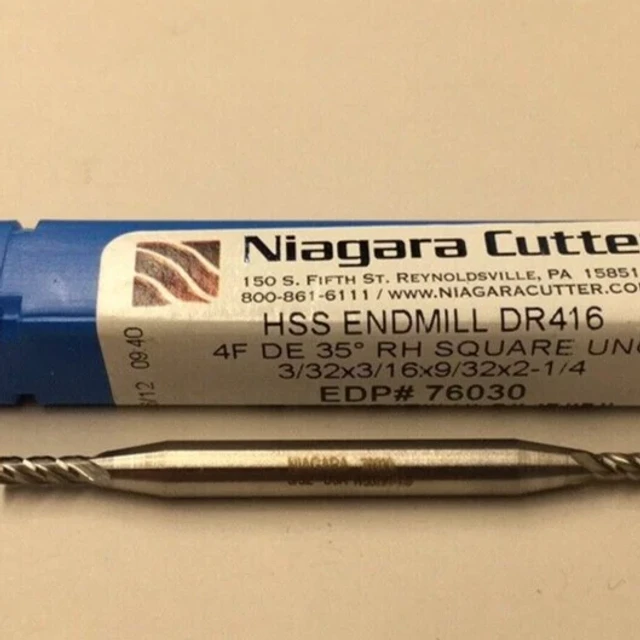 Niagara Cutter 76030 HSS Endmill DR416 3/32x3/16x9/32x2-1/4 RH Square UNC 4F DE