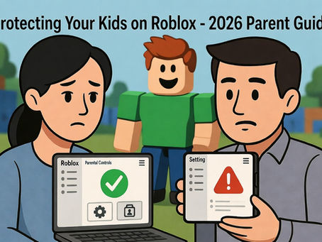 A mom and dad look concerned about the parental settings in Roblox while a Roblox Character is in the background.