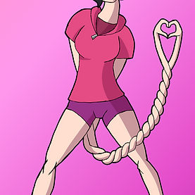 A woman wearing shorts and a hoodie and twisting her elongated arms around each other like licorice