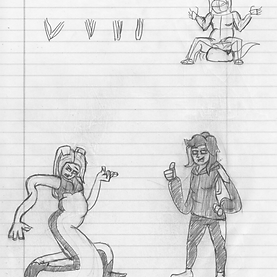 A chubby woman with a tail sits on it and gently bounces, A chubby stretchy woman with rabbit ears and a tail looks confused while a rabbit woman in a hoodie gives a thumbs up