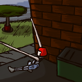 A stretchy woman grips onto the walls of an alley and stretches them backwards to slingshot herself with her arms