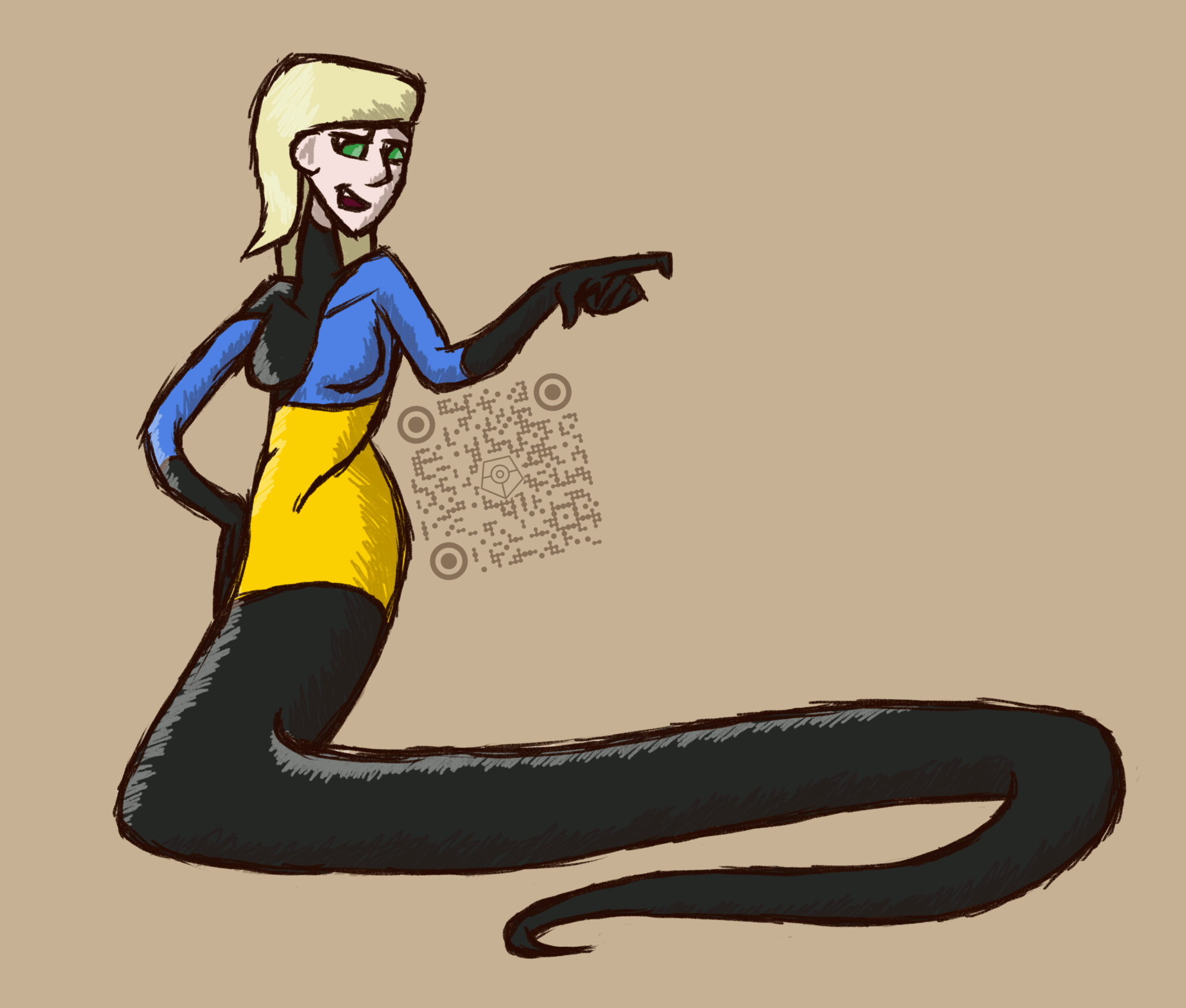A stretchy woman with a lower half that resembles a snake tail with human skin throughout